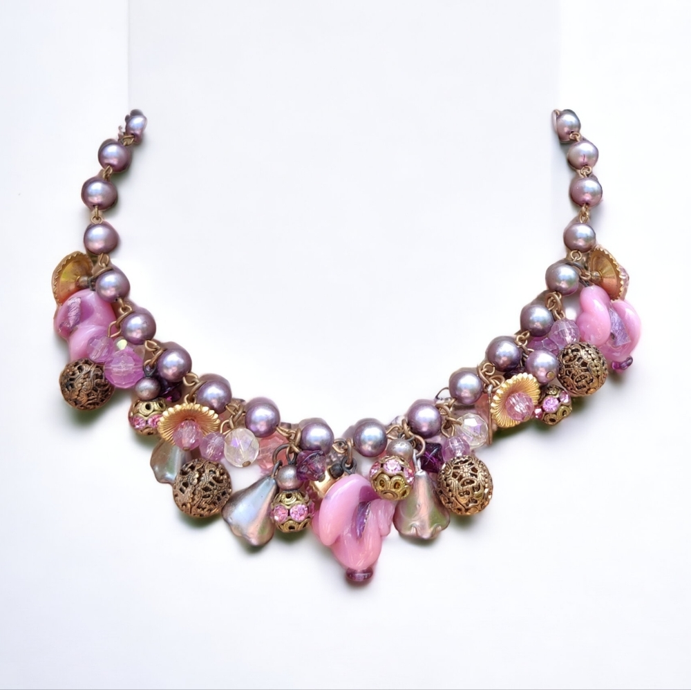 Vintage German molded pink glass Cha Cha necklace